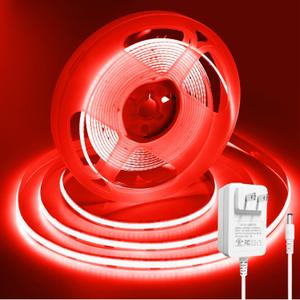 COB Led Strip Lights Red, 16.4FT/5M 12V Cob Led Tape Lights 320Leds/M CRI 93+ Flexible Dimmable Super Bright Lights Strip for Bedroom, Mirror, Cabinet, Kitchen Room Decor(with Adapter)