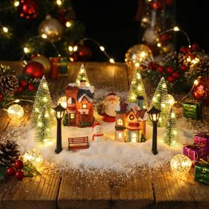 Soulchen 14 Pcs Christmas Village Set for Table Top Centerpiece Decor with Lights Mint Scented Candle Christmas Town Decorations Lighted Scene Figurines Building for Xmas Party Decor DIY Gifts