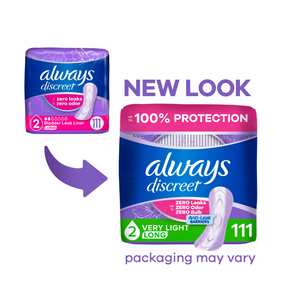 Always Discreet Incontinence Panty Liners for Bladder Leaks, Size 2, Very Light Absorbency, Long Length, 111 Count