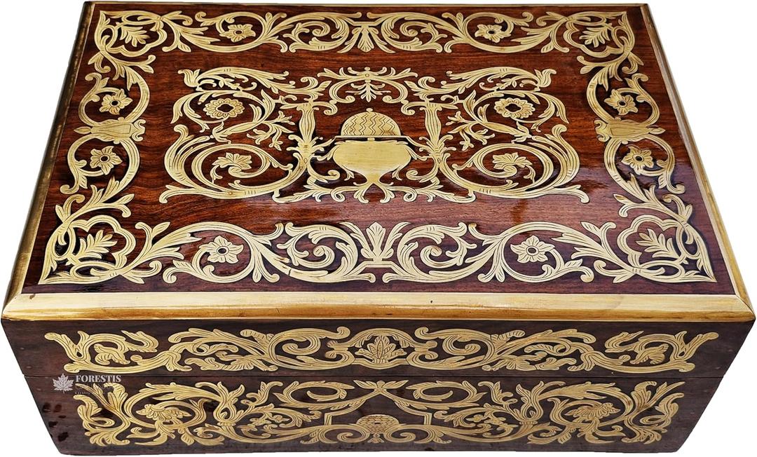 Handmade Decorative Wooden Jewelry Box, Kit, Vanity,Trinket, Organizer For, Ladies, Men, Women, Gold, Cash,Multipurpose Keepsake, Gift Item(15x10 Inches, Brass)