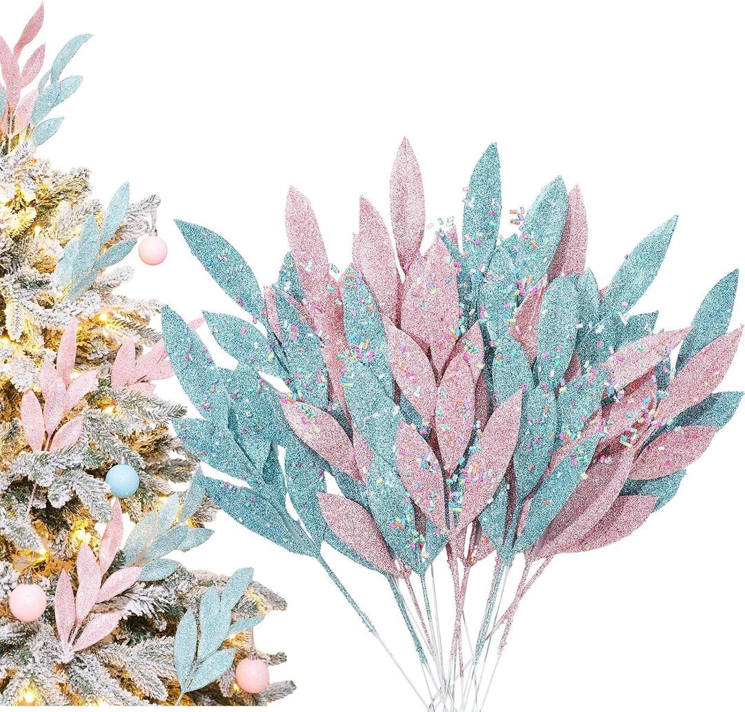 Lyrow 20 Pack Pastel Christmas Leaf Picks Pink Blue Sprinkle Christmas Tree Picks and Sprays Pastel Flower Stem Branches Candy Land Xmas Tree Decorations Vase Fillers for DIY Wreath Garland Supplies