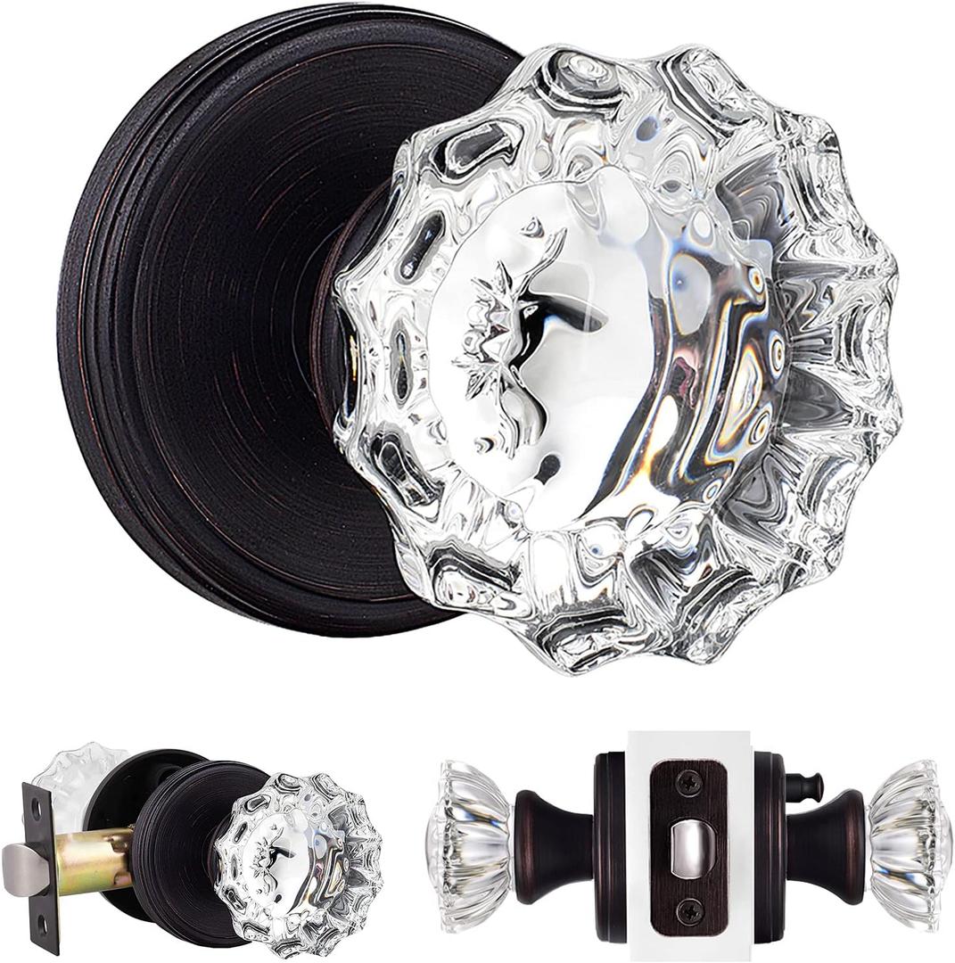 SHINY HANDLES Glass Door Knobs Interior with Lock, Privacy Crystal Door Knob for Bedroom and Bathroom (Venetian Bronze,1Pack)