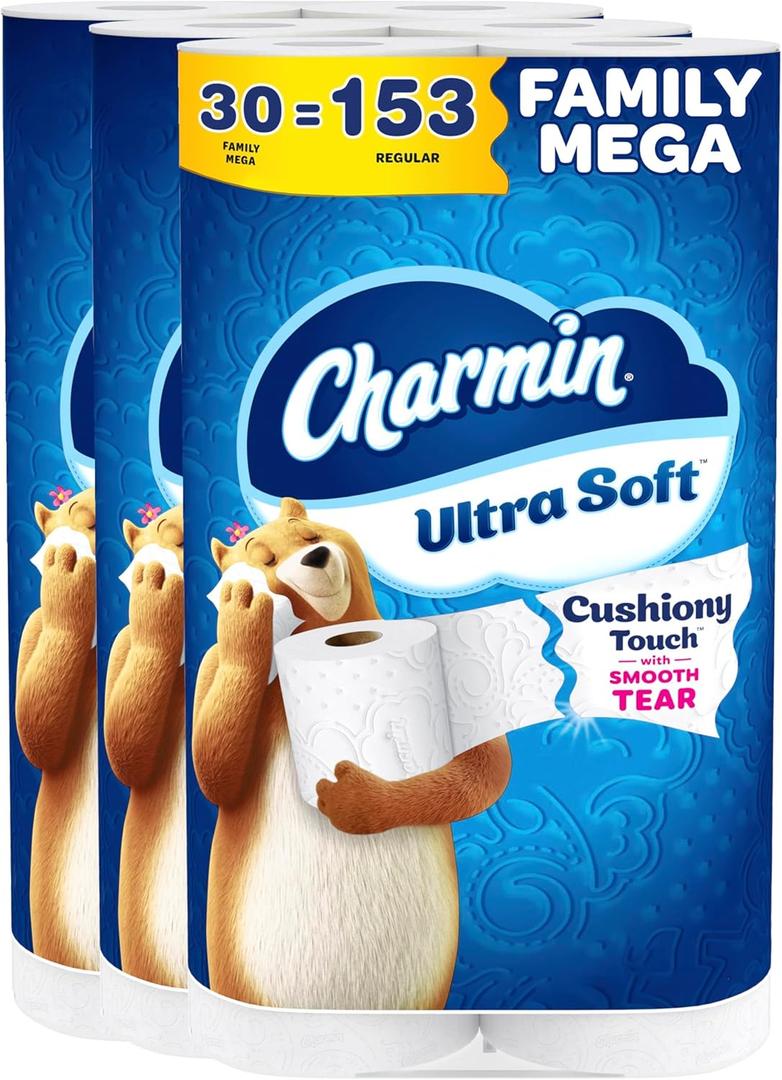 Charmin Ultra Soft Cushiony Touch Toilet Paper, 30 Family Mega = 153 Regular Rolls, 2-Ply, White