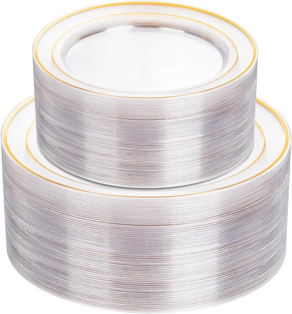I00000 102 Pcs Clear Gold Plastic Plates - Disposable Party Plates, Gold Disposable Include 51 Dinner Plates and 51 Dessert Plates, Plastic Plates for Party, Holiday, Wedding & Birthday