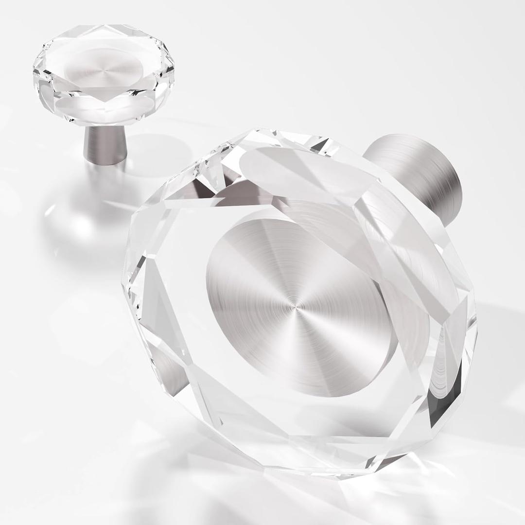 Glass Crystal Clear Brushed Nickel 4 Pack Drawer Dresser Kitchen Cabinet Knobs Cabinets Pulls Knob, Solid Base Cupboard Closet Drawers Hardware Handles, Bathroom Bedroom Pull Satin Brass Knobs (Octagon)