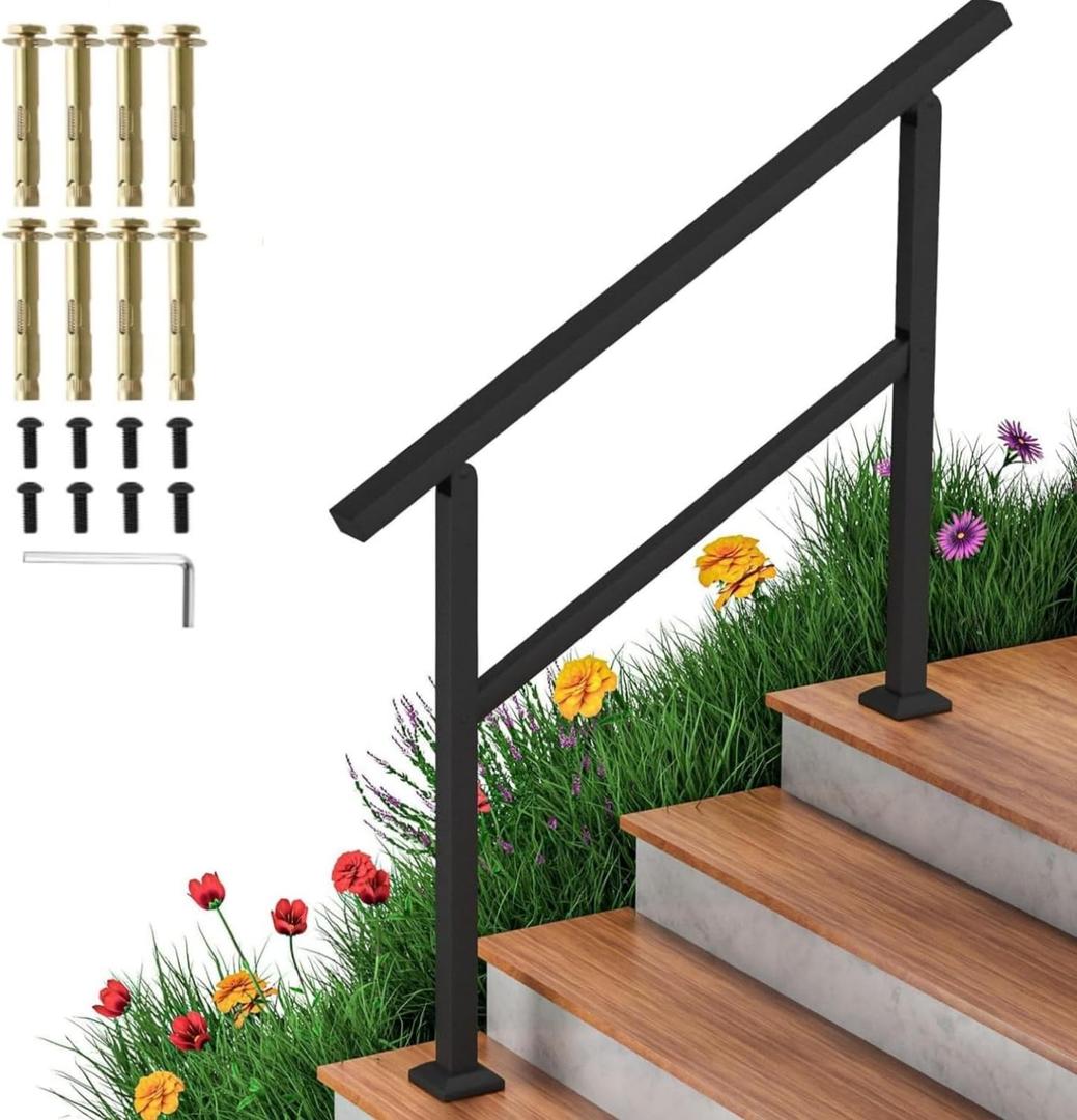 Handrails for Outdoor Steps, 4 Steps Stair Railing, Wrought Iron Stair Handrail with Installation Kit, Porch Railing Fits 3 to 4 Steps