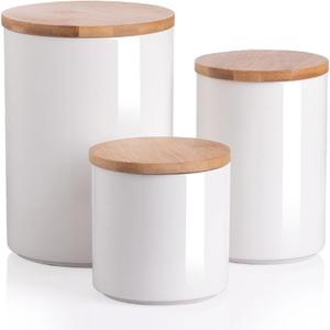 Sweejar Ceramic canisters for kitchen counter,Stackable Food Containers Set with Airtight Seal Bamboo Lid for Serving Ground Coffee, Tea, Spice, Flour and Sugar-Set of 3 (White)