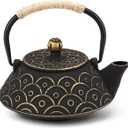 Japanese Tea Kettle Cast Iron Teapot, Teapot Infuser Strainer Set Chinese Black with Gold Wave Pattern with Stainless Steel Filter 30oz/0.9L