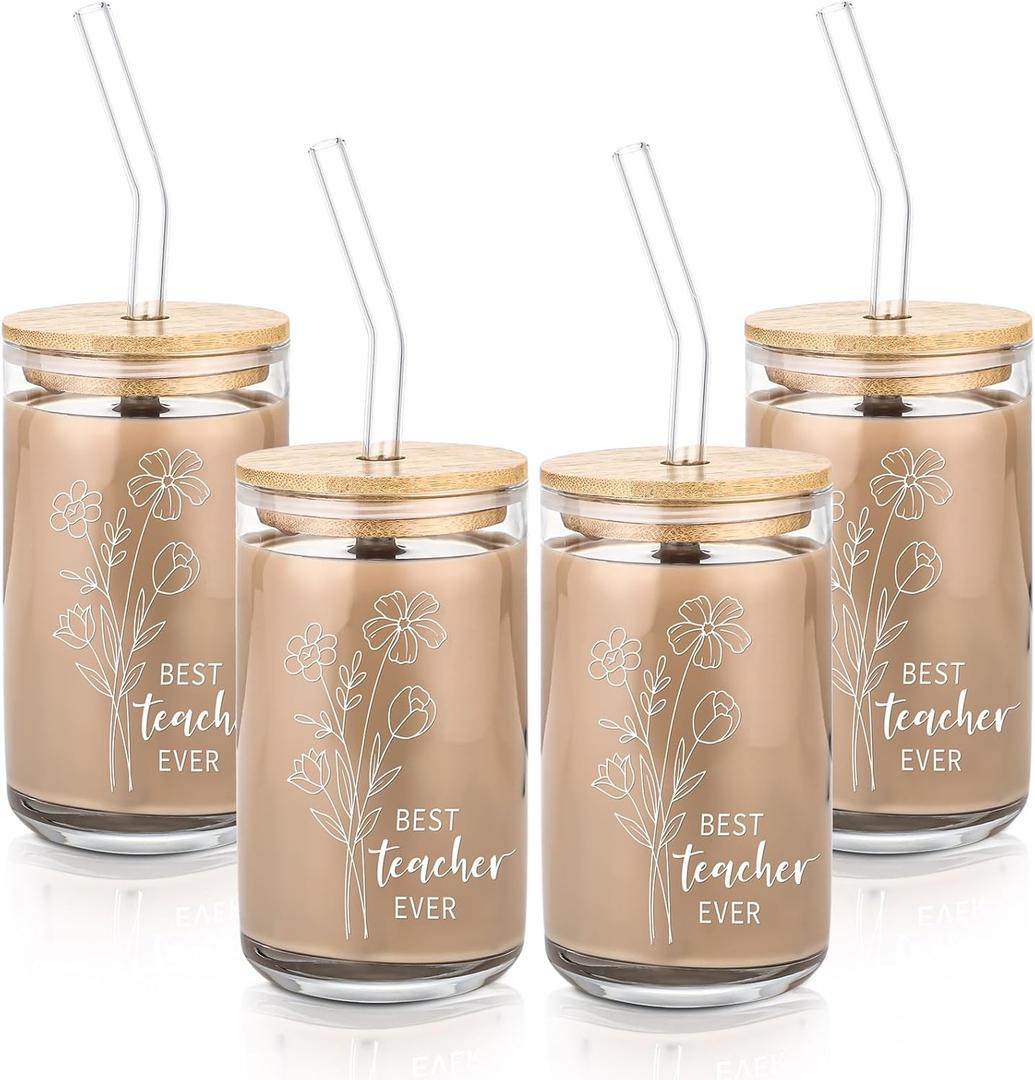Skylety 3 Sets 16 oz Teacher Glass Cups with Lids and Straws Drinking Glasses Tumbler Can Shaped Glass Coffee Cups Thank You Teacher Appreciation Gift Quotes Sign Mug Bottle for Beer Water Tea