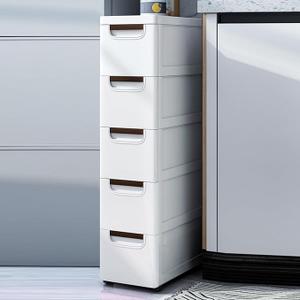 5 Drawers Narrow Slim Plastic Storage Cabinet,Storage Drawer with 4 Wheels,5 Tier Drawers Dresser,White, 15.75"D x 7.87"W x 33.07"H