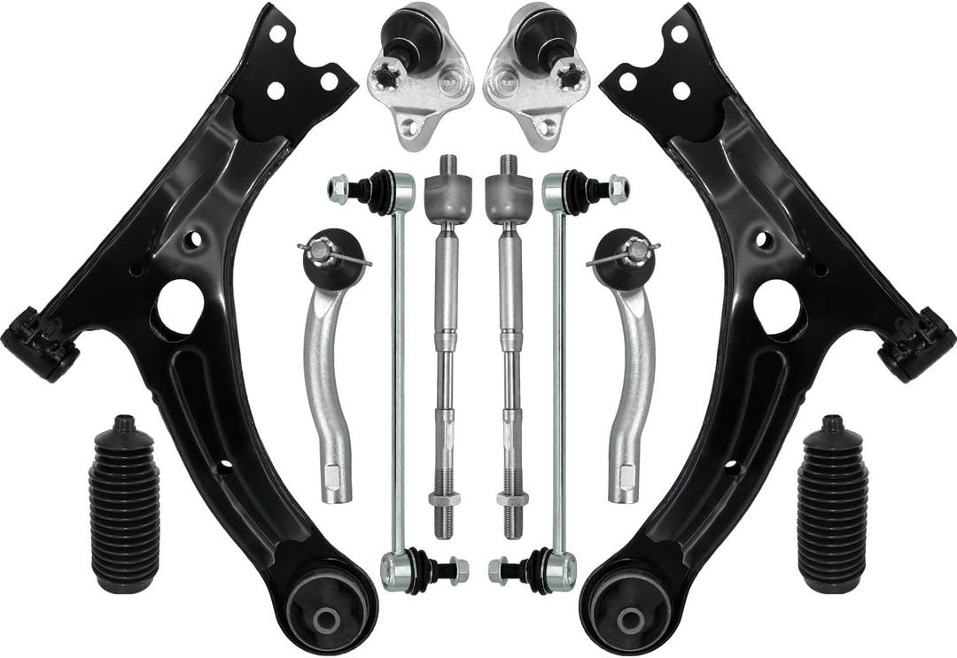 Control Arm, 12 Pcs Suspension Kit Front Lower Ball Joint Sway Bar Stabilizer Link Outer & Inner Tie Rod Bellows Replacement For Toyota Corolla 2003-2008