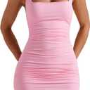BORIFLORS Women's Sexy Bodycon Corset Mini Dresses Square Neck Ruched Sleeveless Club Party Short Dress (Pink) S