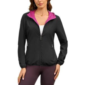 Womens Reversible Rain Jacket Lightweight Waterproof Windbreaker Jacket Outdoor Active Portable Raincoat (Large, Black&rose)