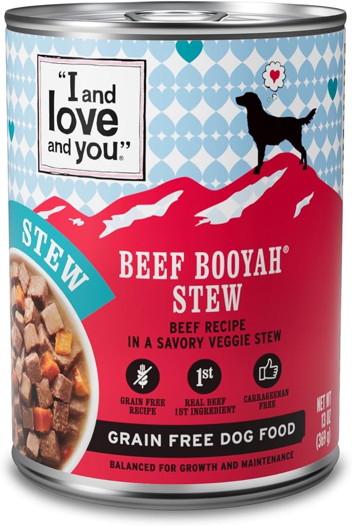 I AND LOVE AND YOU Wet Dog Food - Beef Booyah Stew - Beef Recipe, Grain Free, Filler Free 13oz can, 12pk, Best Before: JUL/15/26