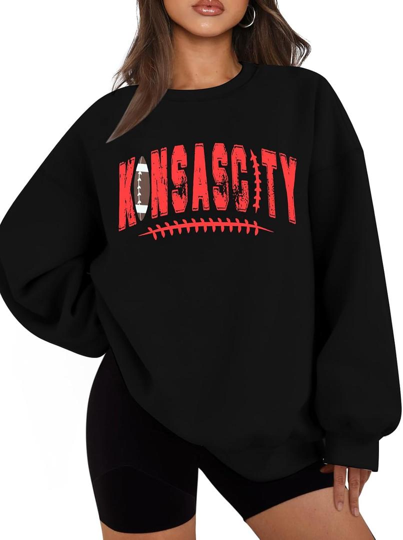 SFHFY Football Sweatshirt Women: Oversized Game Day Lightweight Shirt Football Team Fan Pullover Rugby Top (Black, L)