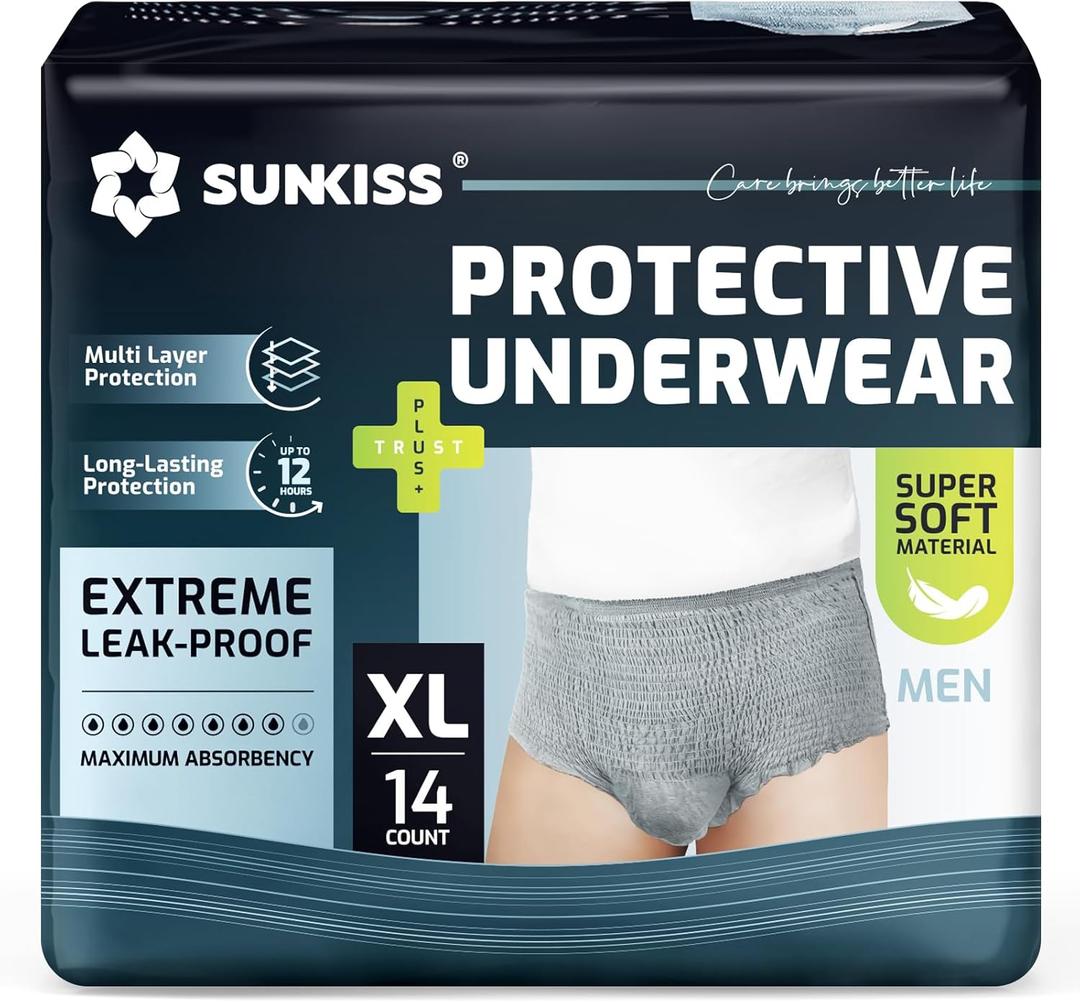 SUNKISS Incontinence Underwear for Men,Daytime Disposable Adult Pull Ups,Mens Protective Briefs with Maximum Absorbency, XLarge, Grey, 14 Count