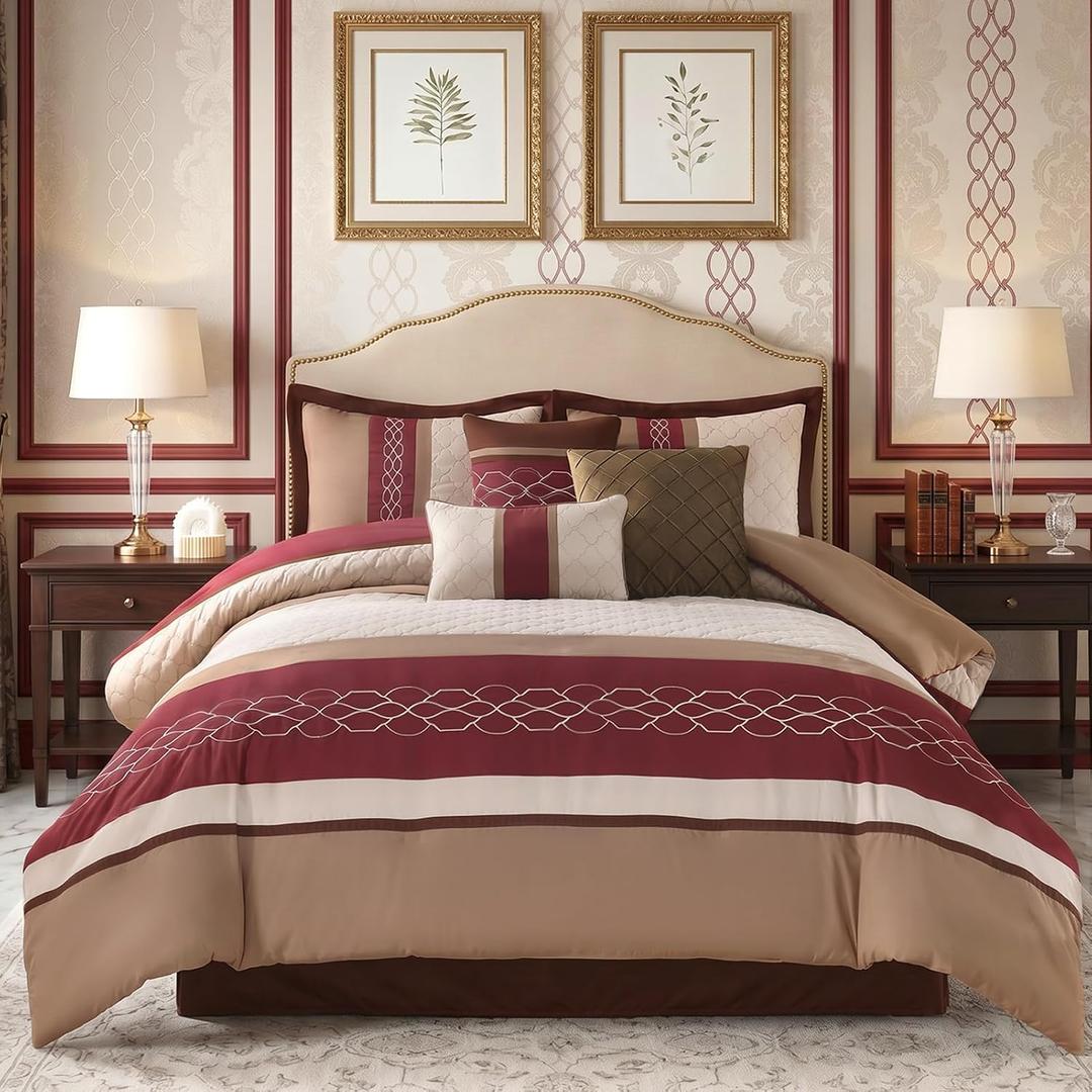 King Comforter Set Burgundy Beige Taupe, Luxury 7-Piece Bedding