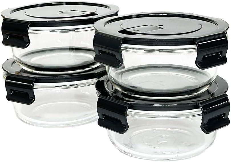 12Oz Round Glass Food Containers With Lids, Small Round Glass Meal Prep Containers,1.5 Cup Clear Food Storage Containers With Lids BPA-Free, Microwave, Dishwasher, Freezer Safe（Black