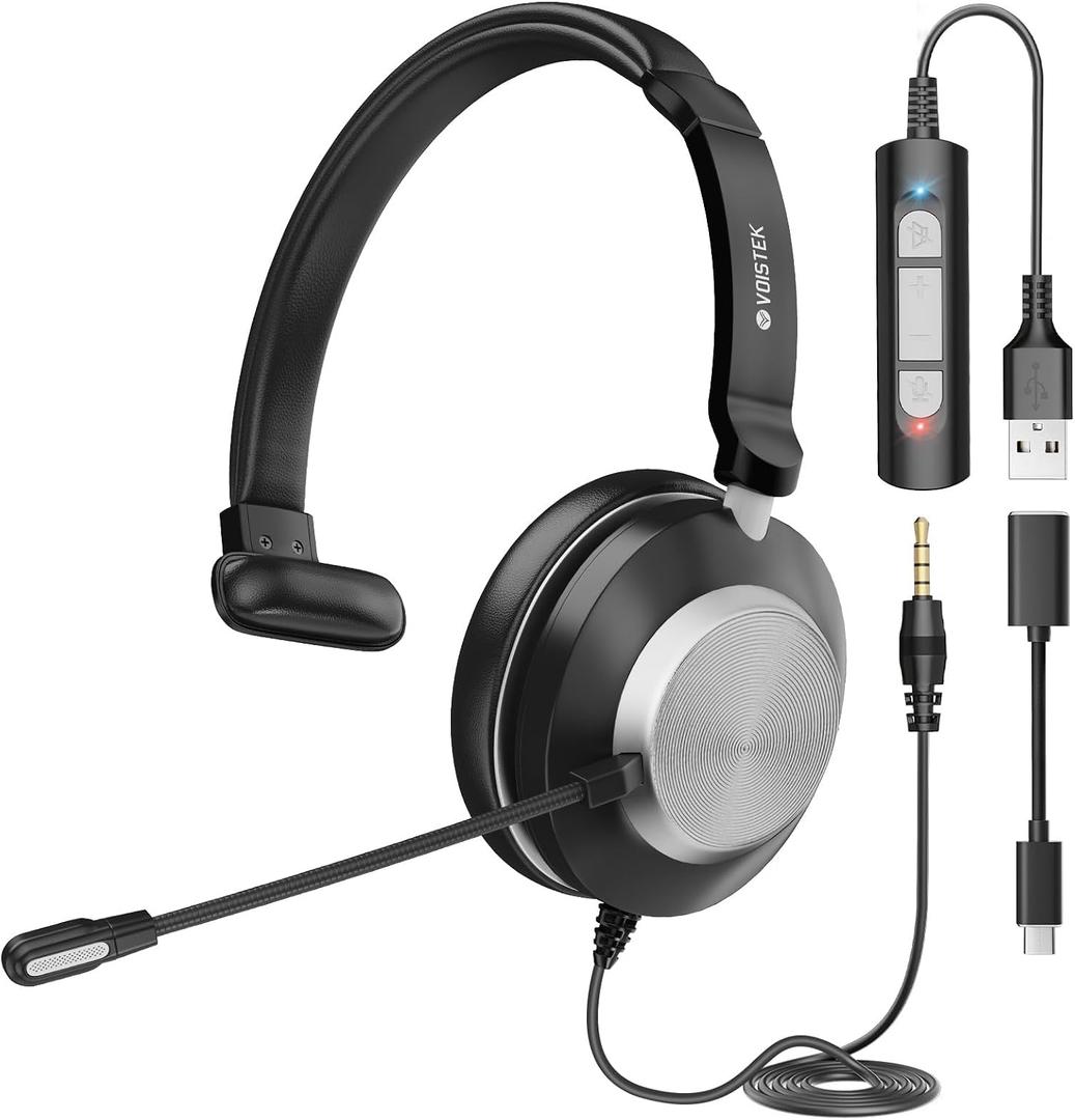 Voistek USB Headset with Microphone for PC Laptop, Wired Computer Headset with Noise Cancelling Mic, Mono Headphones with in-Line Control & Mic Mute for Work from Home, Office, Teams, Zoom, Skype
