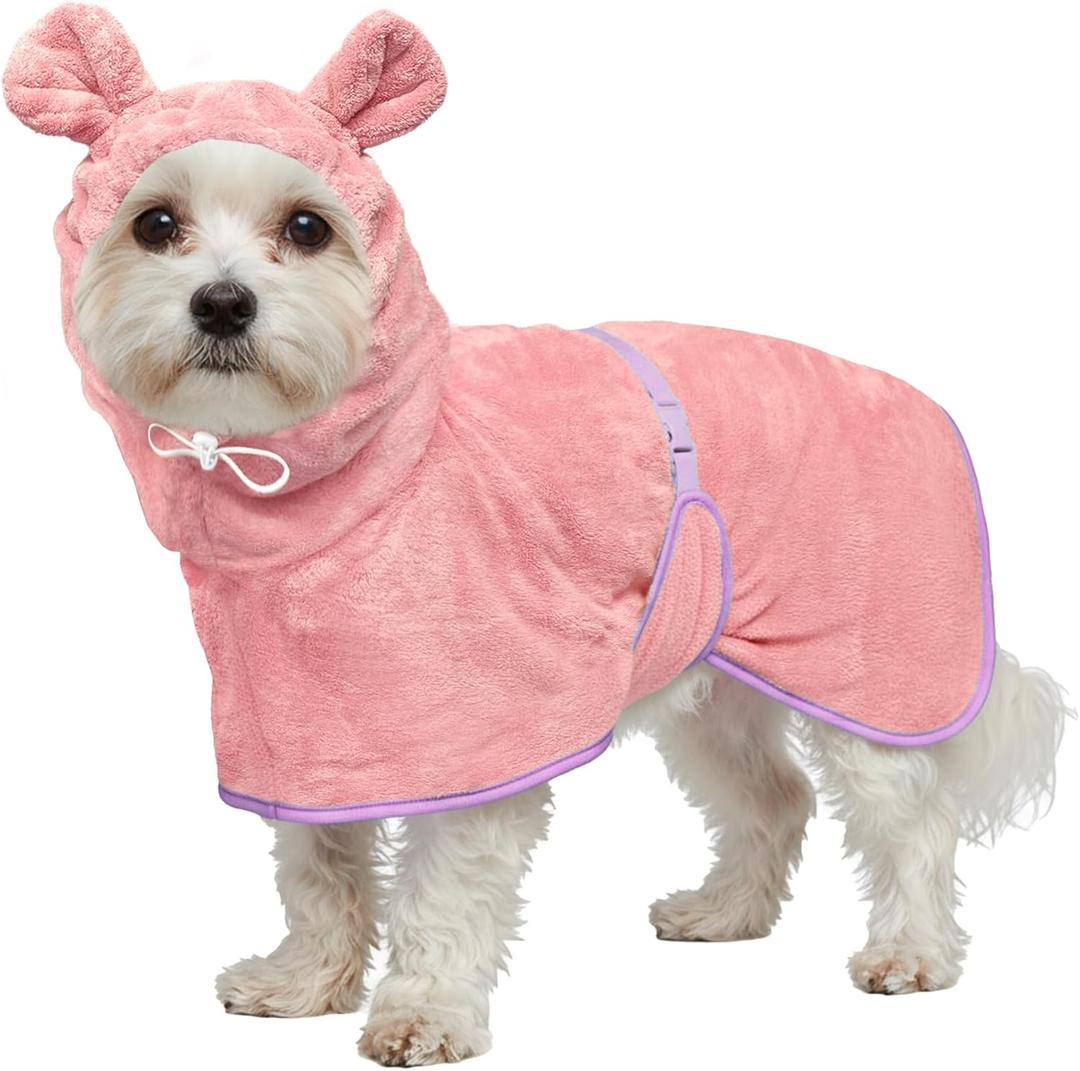 Dog Bathrobe Super Absorbent Towel Robe - Microfiber Bath Towels Fast Drying Coat for Dogs, Cute Dogs Clothes Adjustable Collar & Belly Strap Warm Keeping Hooded Dog Towel (Pink, Medium)
