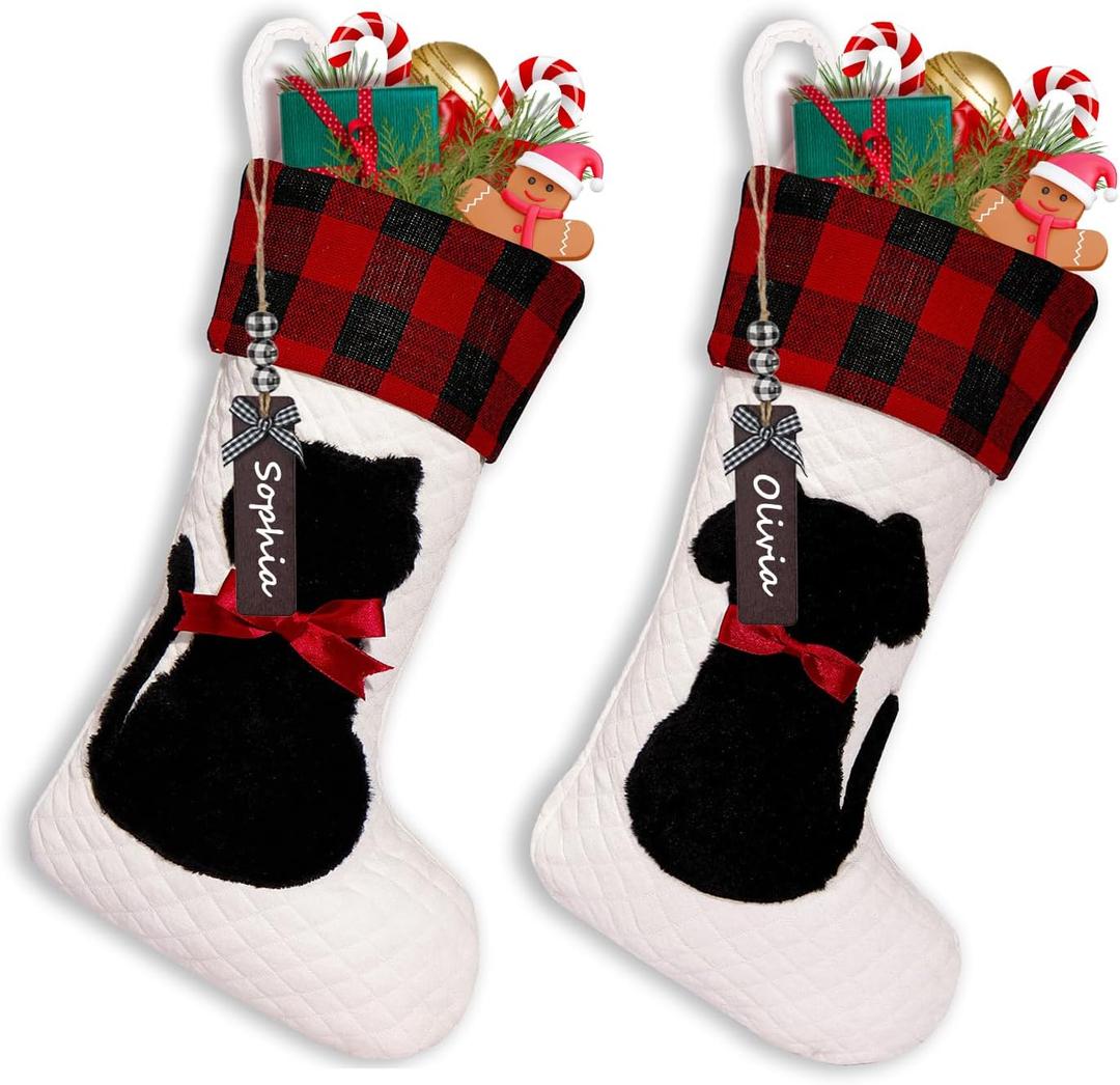 2 Pack Christmas Stockings with Wooden Name Tags, 3D Extra Large 18'' Xmas Socks for Fireplace Mantel Decor, Holiday Hanging Pet Stockings Set for Gifts (Style 4)