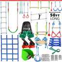 Ninja Warrior Obstacle Course for Kids Backyard - 250ft Slackline Kit with 10 Most Complete Accessories for Boys & Girls, Swing, Rope Ladder, Gymnastic Ring, Climbing Net, Arm Trainer and Monkey Fist (2x50FT + 10 attachments)