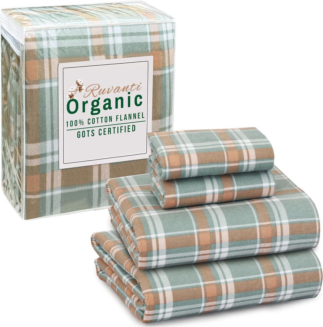 RUVANTI Flannel Sheets Queen Size - GOTS Certified 100% Organic Cotton, 4 Piece Warm, Soft & Breathable Set, Deep Pocket Snug Fit, Double Brushed Cozy All Season Bedding, Spruce Blue