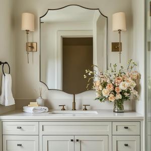 ANDY STAR 30"x40" Brushed Gold Bathroom Mirror, Large Rectangle Scalloped Mirror, Antique Brass Mirror in Rust-Proof Stainless Steel 1" Frame, Unique Wavy Design, Ideal for Home Remodel