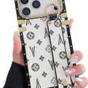 Compatible with iPhone 17 Pro Max Case Luxury Designer for Women Girls,Rectangle Leather with Wristband Strap Kickstand Holder Protective Cover for 17 Pro Max - 6.9 inch(White)