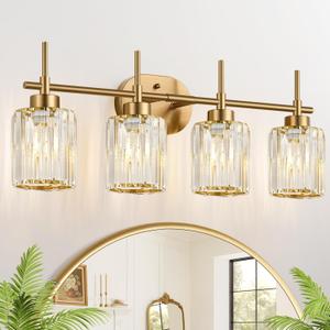 Modern Crystal Bathroom Vanity Light, 4-Light Gold Bathroom Light Fixtures Over Mirror, Crystal Vanity Light with Brushed Gold Finish (Bulbs Not Included)