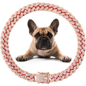 Cuban Link Dog Collar Rose Glod Crystal Dog Necklace Metal Chain Collar with Design Secure Buckle Pet Collar Jewelry Accessories for Small Medium Large Dogs Cats(Rose Glod 18inch)