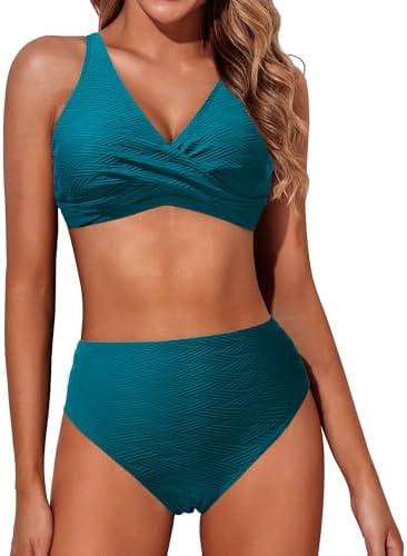 Aqua Eve Women High Waisted Bikini Twist Front Swimsuits Lace up Bikini Tops Ruched Push up 2 Piece Bathing Suits Size M