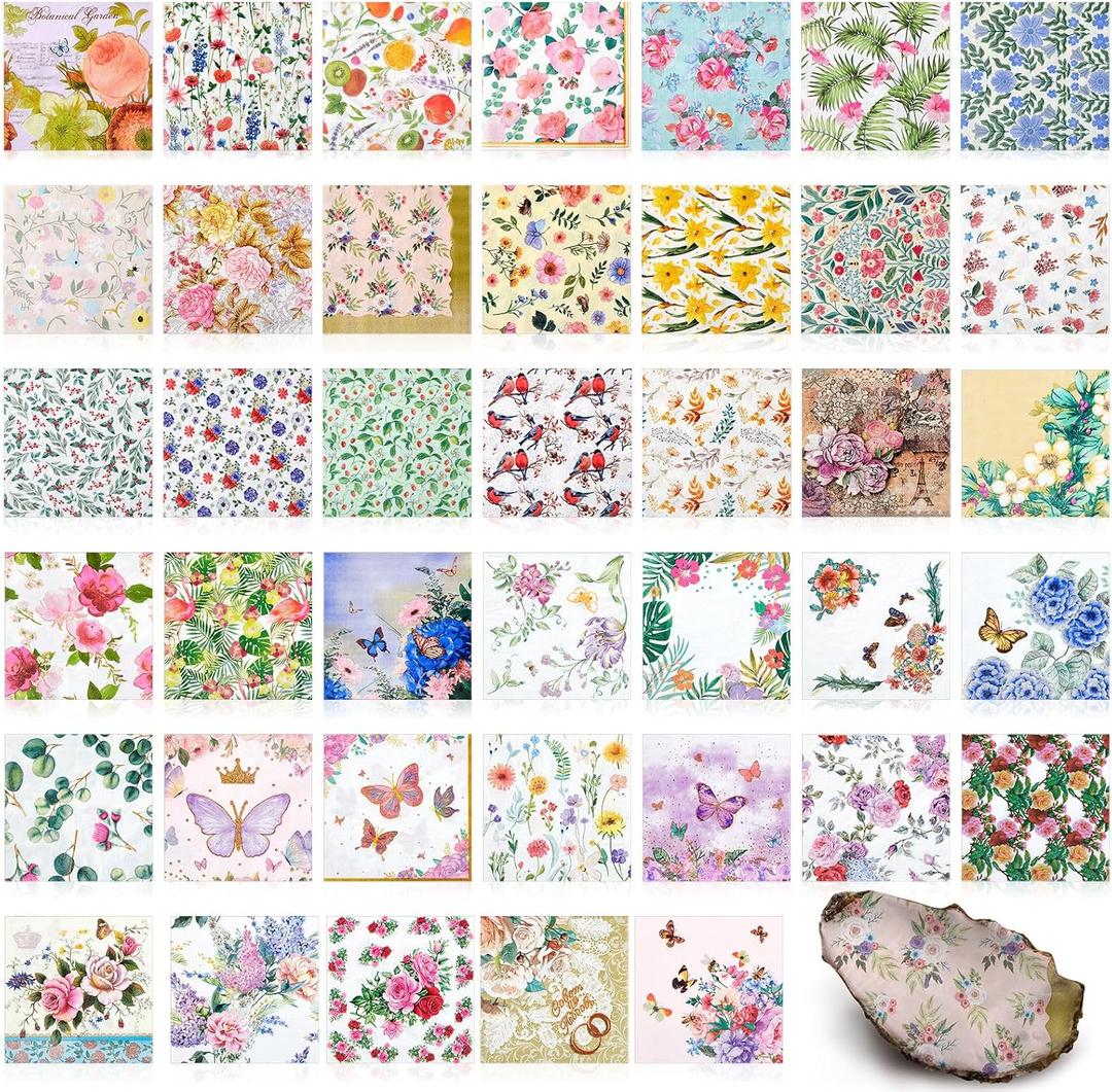 Crtiin 40 Pack Decoupage Napkins Assorted Floral Decorative Decoupage Napkins Cocktail Paper for DIY Crafting Birthday Party, Each Unfolded 13 Inch (Soft Floral)