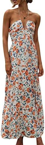 Women's Halter Neck Floral Maxi Dress 2024 Summer Boho Long Sundress Sexy Sleeveless Backless Flowy Ruffle Dress L