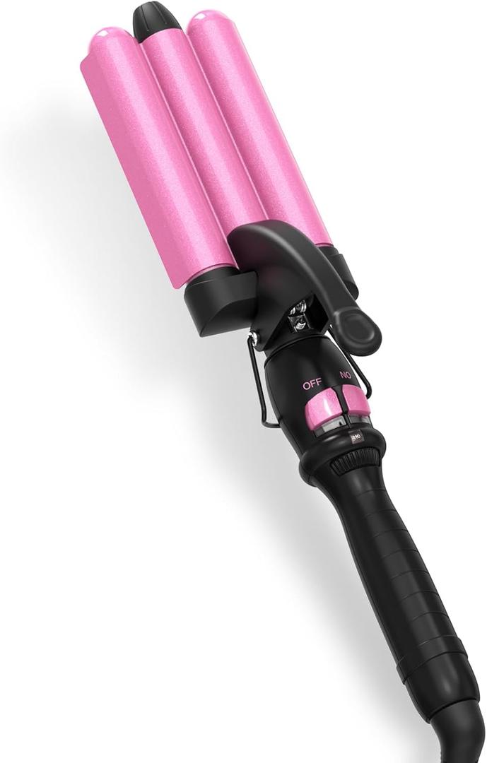 3 Barrel Hair Crimper Waver - DAN Technology Crimper Hair Tool with Ceramic for Women, Beach Waves Curling Iron, Dual Voltage, Easy to Use, Pink, 1 Inch (7 Heat Settings01)