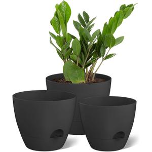 ZMTECH 9/10/12 Inch Self Watering Plant Pots with Watering Lip, Planters with Drainage Holes and Removable Saucer, Plastic Flower Pots for Indoor Outdoor Plants (3 Pack, Pure Black)