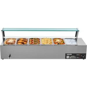 VEVOR Commercial Food Warmer, 1500W Electric Stainless Steel Steam Food Warmer with Glass Cover, 6 x 1/3 Size Pans Buffet Bain Marie with Soup & Perforated Ladles, for Catering, Restaurant & Party