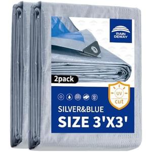 RAINDEWAY Small Tarps Waterproof 3x3 Feet（Pack of 2） 5.5 Mil Thick, Multipurpose Waterproof Poly Tarp Cover，Camping Tarpaulin Silver/Blue Tarp Finished Size