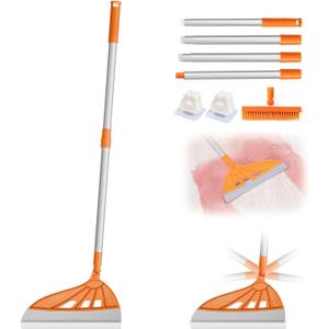 Magic Air Broom with V-Shape Brush, 2 in 1 180 Adjustable Silicone Broom for Floor Cleaning, 60 Long Handle Squeegee Sets to Clean pet Hair, Ketchup, Glass Shards (Orange) 