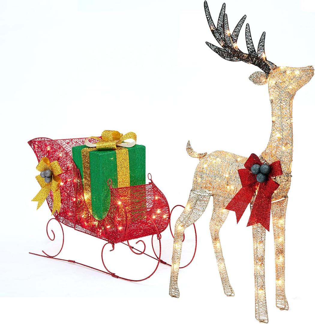 FUNNGO Lighted Reindeer and Sleigh Outdoor Set - 120 LED Lights Christmas Deer Sleigh with Gift Box Decorations for Patio, Garden, Lawn, Yard FUNNGO Lighted Reindeer and Sleigh Outdoor Set - 120 LED Lights Christmas Deer Sleigh with Gift Box Decorations for Patio, Garden, Lawn, Yard