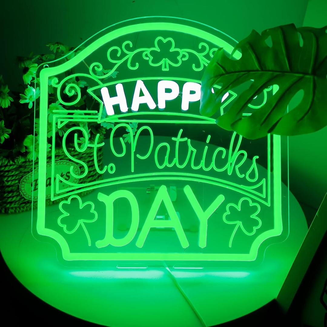 Happy St. Patrick's Day Art Neon Signs Shamrock LED Neon Lights Dimmable Wall Decor for Kids, Room, Office, St Patrick's Day Party Gift Art for Boys Girls-12.2 x 12.2 IN-USB Powered-Acrylic