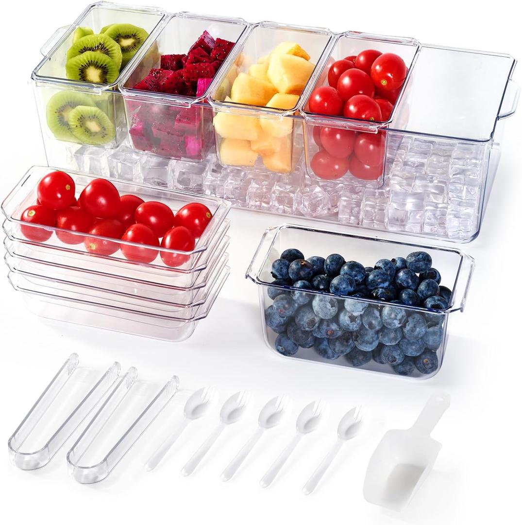 Chilled Condiment Tray Server with 5 Small Containers and Removable Compartments, Ice Chilled Condiment Organizer, Clear Garnish Serving Platter for Fruit, Salad, Food, Outdoor Events, Picnics