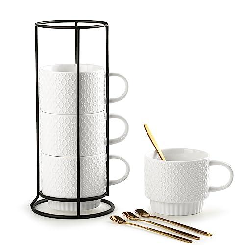 Gomakren Stackable Coffee Mugs Set with Stand, Coffe Cup with Tea Spoon 13 Ounce White Cups for Cappuccino Coffee Drinks Tea, Set of 4, Valentine Gift for Man Women 380ml