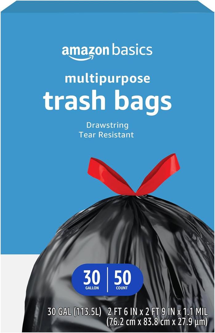 Multipurpose Drawstring Trash Bags, 30 Gallon Capacity, Tear Resistant, 50 Count 