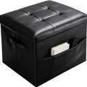Storage Ottoman Foot Rest Bench with Side Pocket, Small Faux Leather Ottoman with Storage, Foot Stool with Storage for Living Room, Bedroom, Entryway, Dorm. 350LBS, 17x12.6x12.6in, Black.