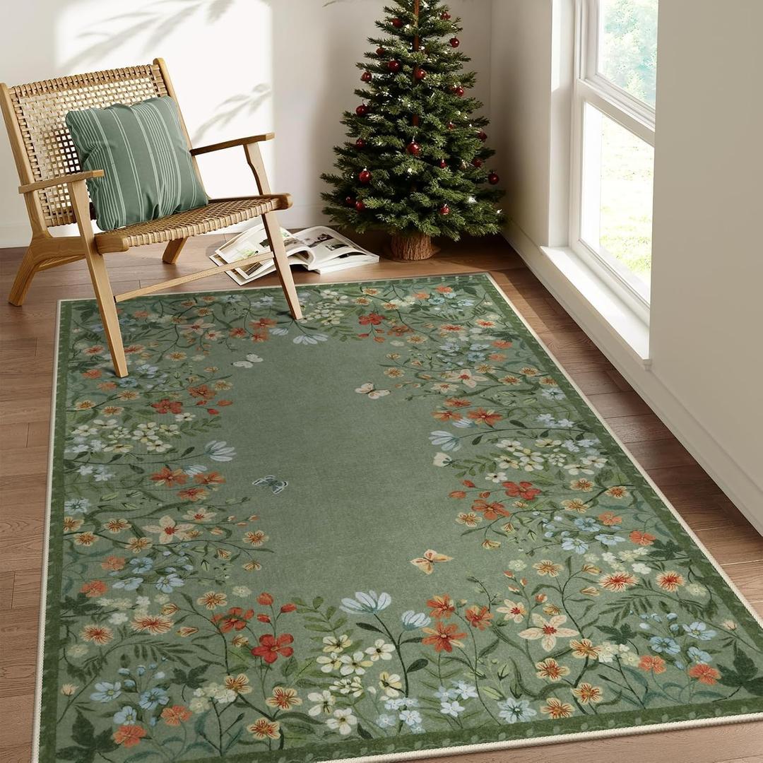 Wonnitar Washable Area Rug 4x6, Green Floral Rugs for Living Room, Non-Slip Large Kitchen Throw Mat, Low-Pile Indoor Botanical Floor Carpet for Girls Bedroom Laundry Entrance (Green,4'x6')