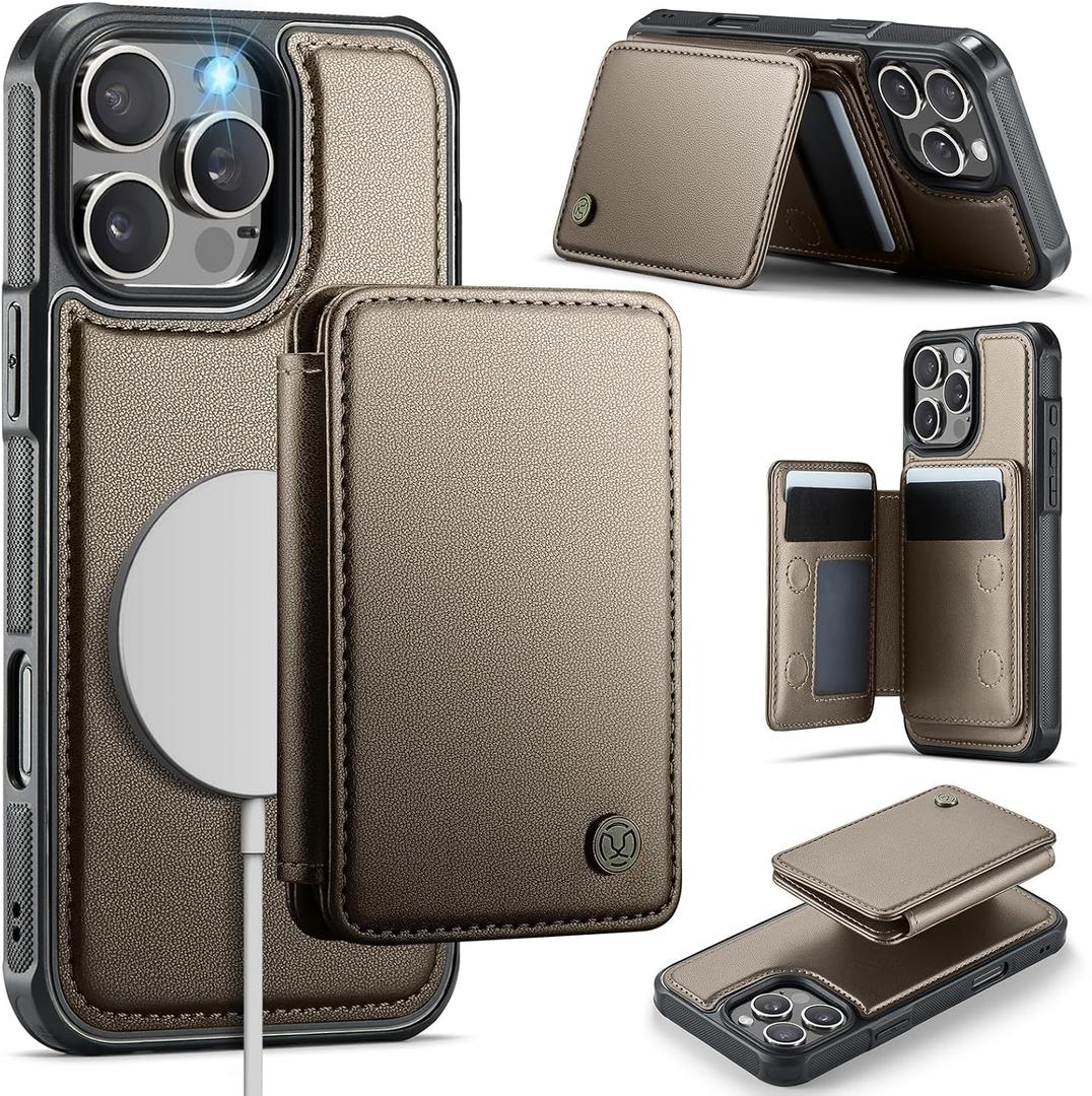 Usroom Compatible with Magsafe for iPhone 16 Pro Wallet Case Magnetic Card Holder, RFID Blocking 2 in 1 Detachable Kickstand Shockproof Case for Women Men, Bronze Gold