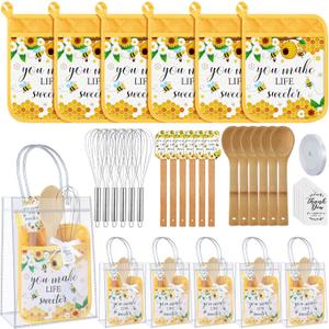 Teenyyou 6 Sets Baby Shower Prizes for Game Winners Potholder Silicone Spatula Bamboo Spoon Whisk Gift Bag Set Gifts for Baby Shower Bridal Wedding Guests Games Prize Favors(Honey)