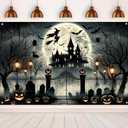 Halloween Witch Banner 71x43 Inch Backdrop with Haunted House, Bats, Pumpkins, Spider Webs, and Creepy Graveyard for Halloween Party Decorations Banner