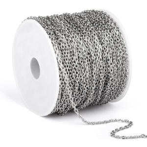 66 Feet Stainless Steel Rolo Cable Chain Bulk, 1.5mm 304 Stainless Steel Diamond-Cut Oval Rolo Cable Link Chains Roll Spool for Jewelry Making